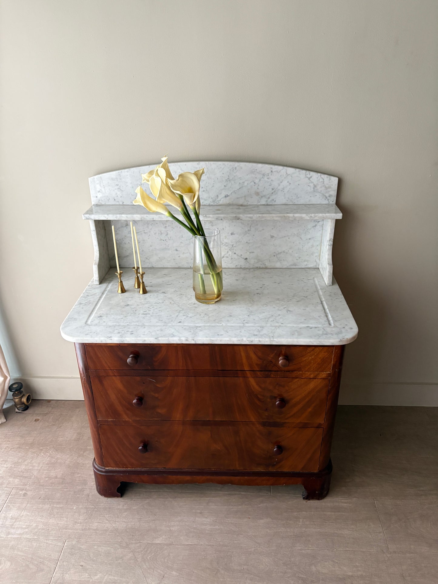 Marble top walnut 3 drawer dresser