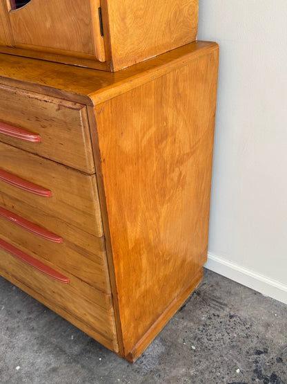 Maple two piece hutch with red painted pulls