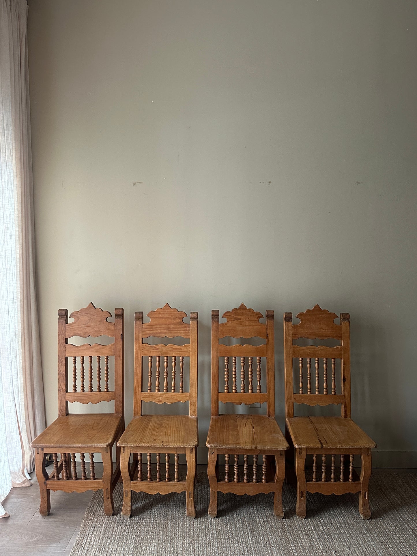 Hand carved pine dining chairs. (Sets of 2).