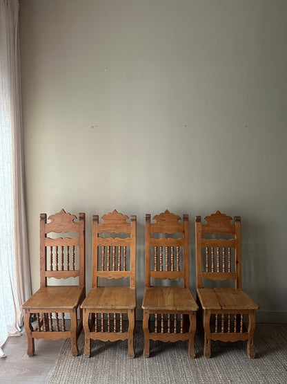 Hand carved pine dining chairs. (Sets of 2).