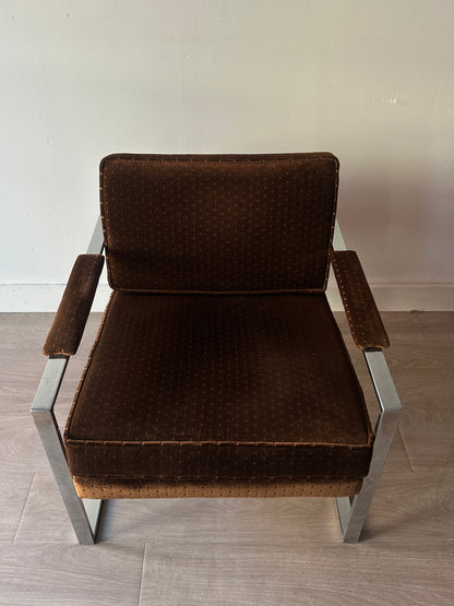 Chrome and brown velvet lounge chair