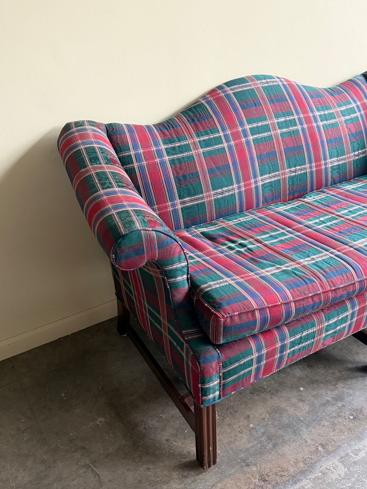 Camelback loveseat in plaid moiré upholstery