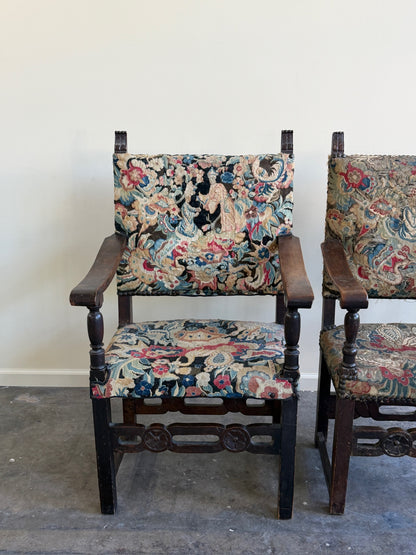 Italian Baroque upholstered walnut armchairs (left)