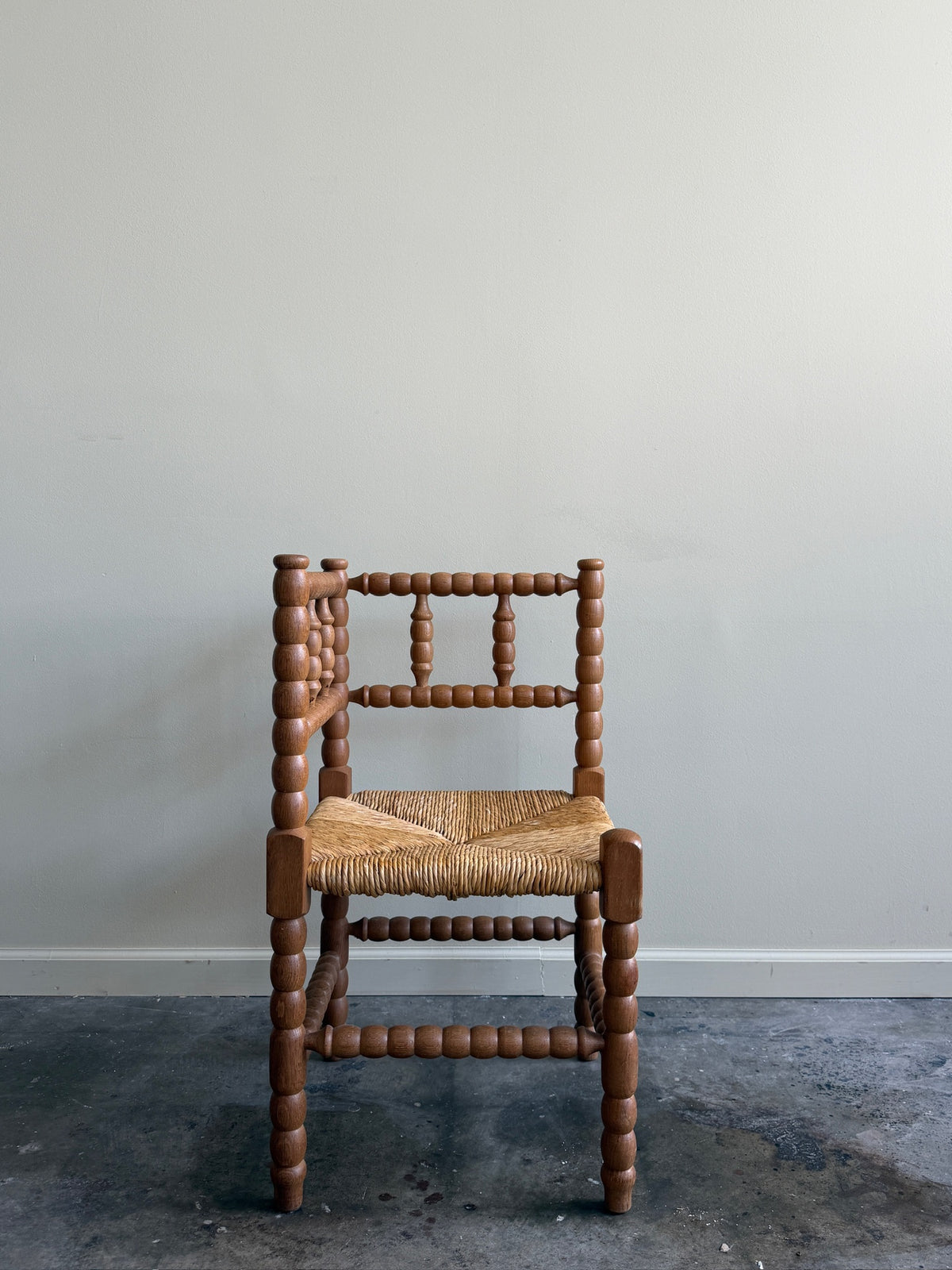 Dutch bobbin oak rush seat corner chair