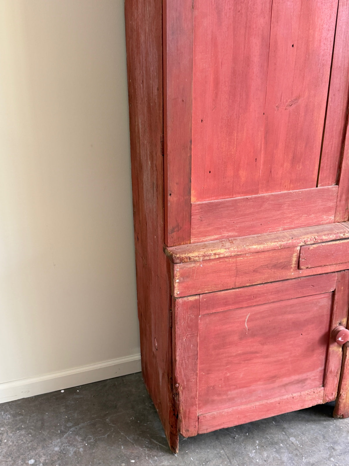 Pennsylvania red painted pine one piece stepback cupboard