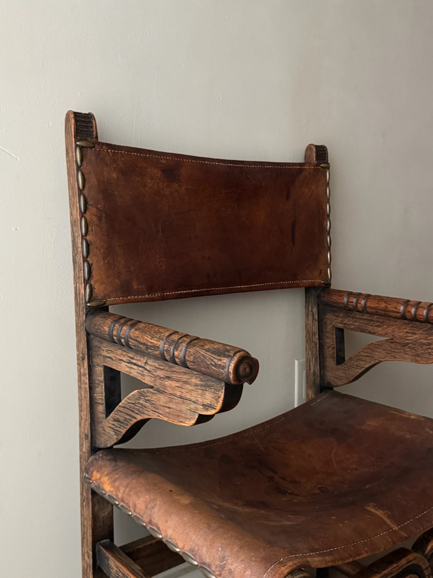 Spanish leather & oak arm chair