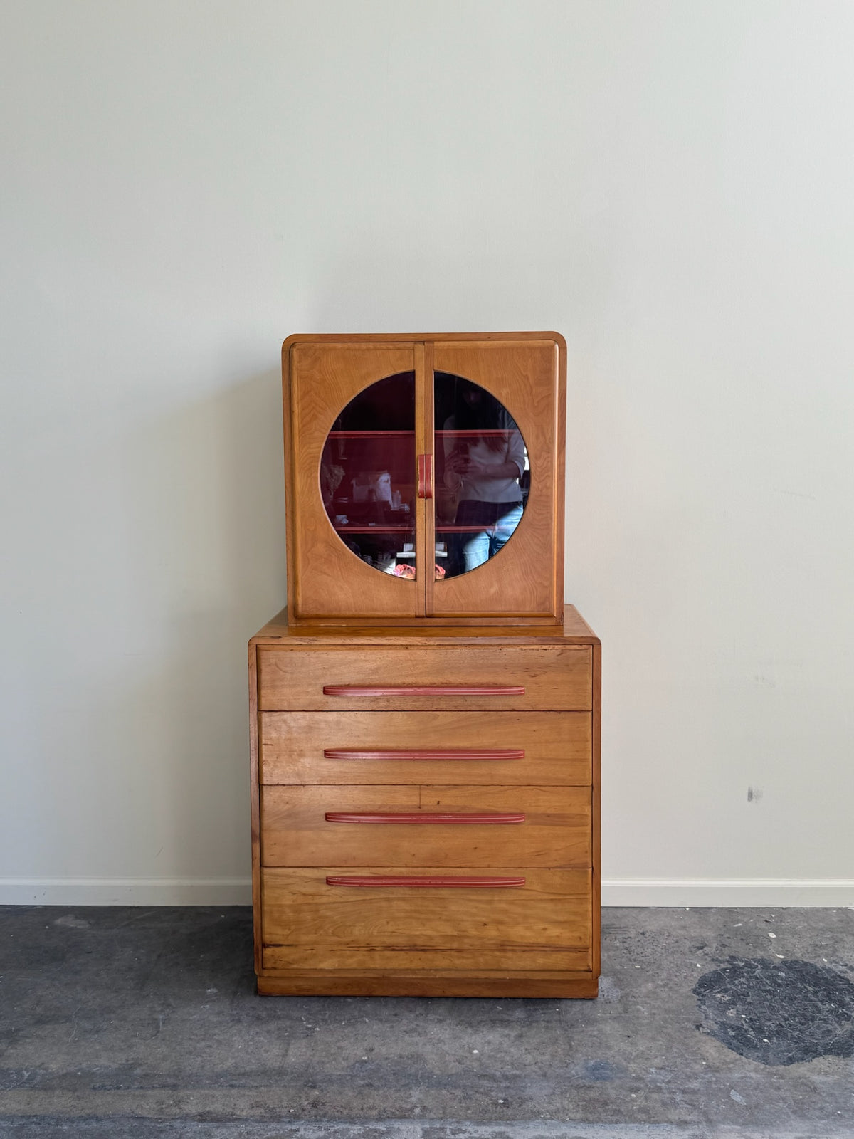 Maple two piece hutch with red painted pulls