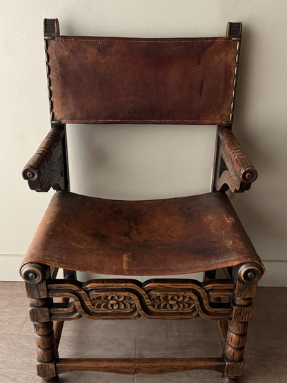 Spanish leather & oak arm chair