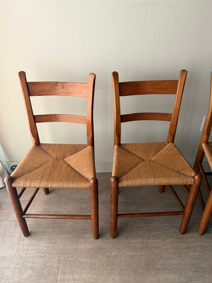 Pine rush seat dining chairs. Sold as a set of 4.