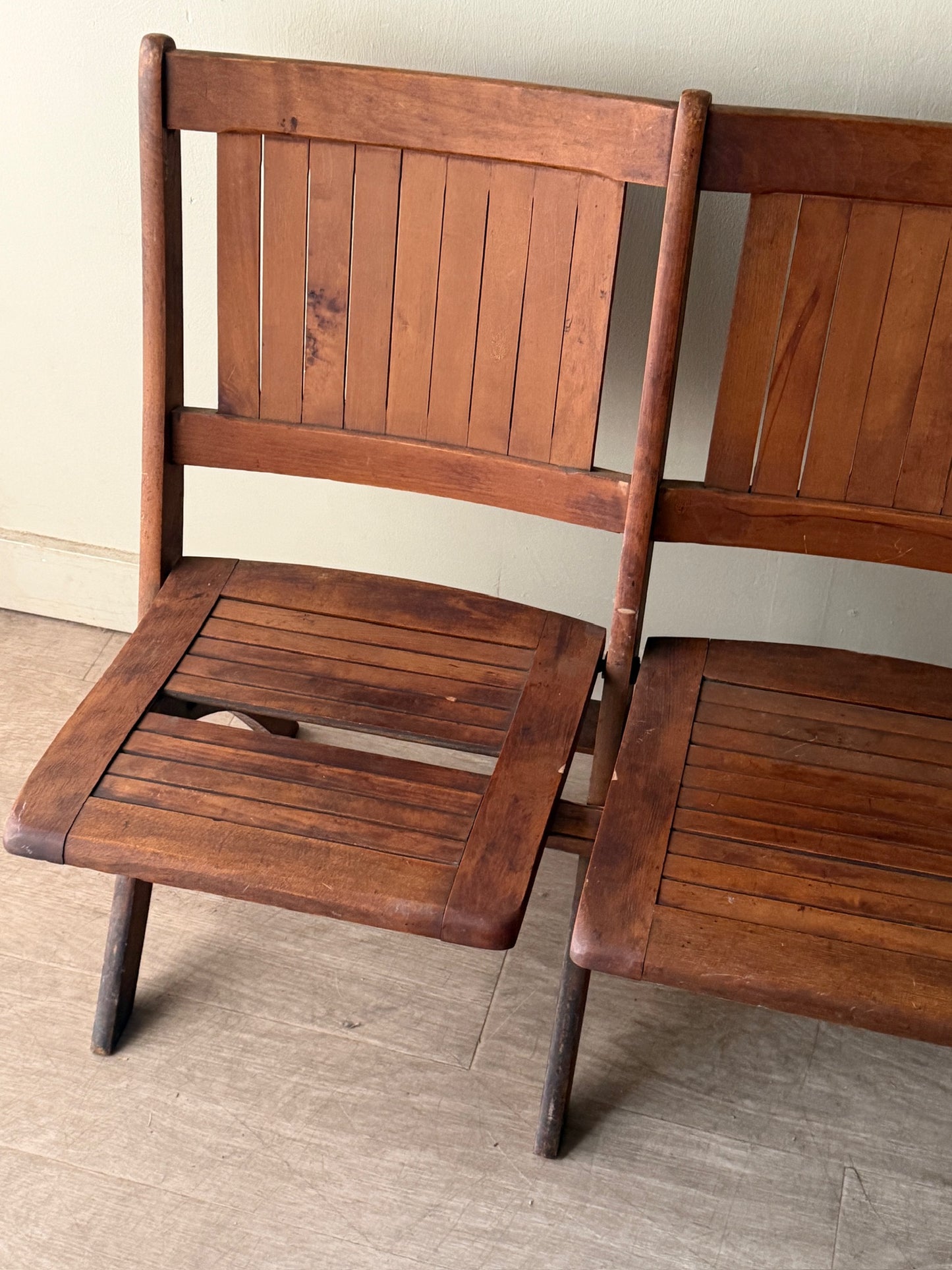 Folding slatted pine bench