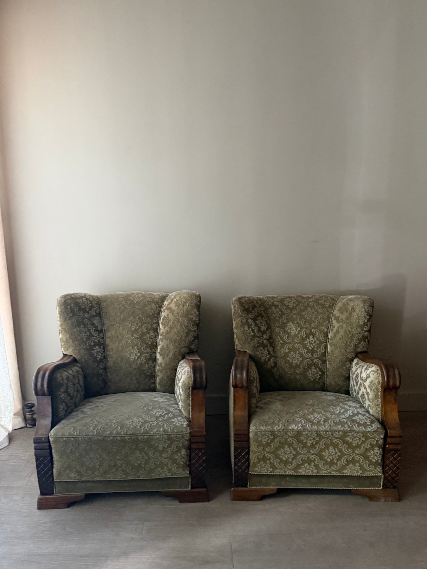 Danish sage green damask velvet lounge chairs. Sold individually.
