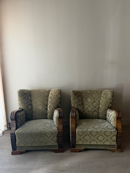 Danish sage green damask velvet lounge chairs. Sold individually.