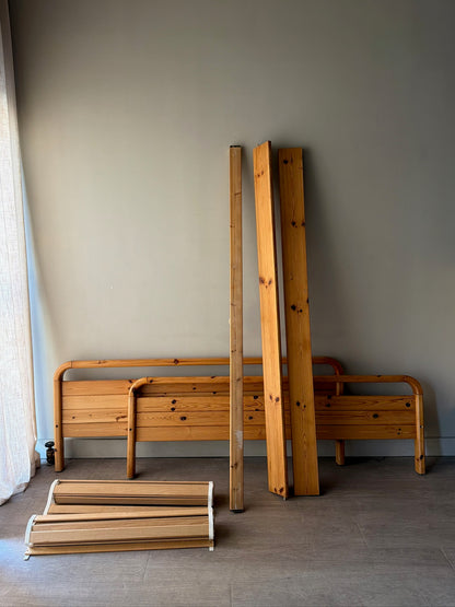 1970s Danish pine queen bed frame