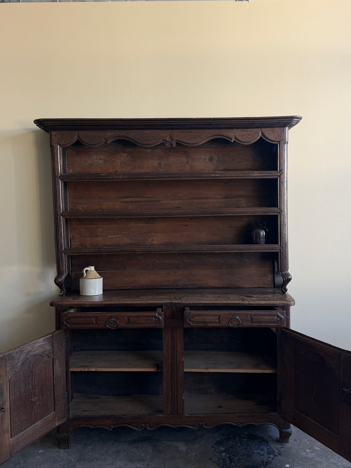 18th c. French Provincial Walnut Two Piece Hutch