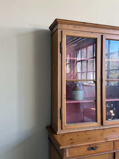 Gustavian waxed pine two piece hutch