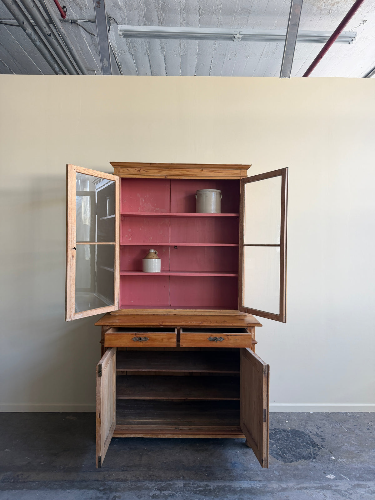 Gustavian waxed pine two piece hutch